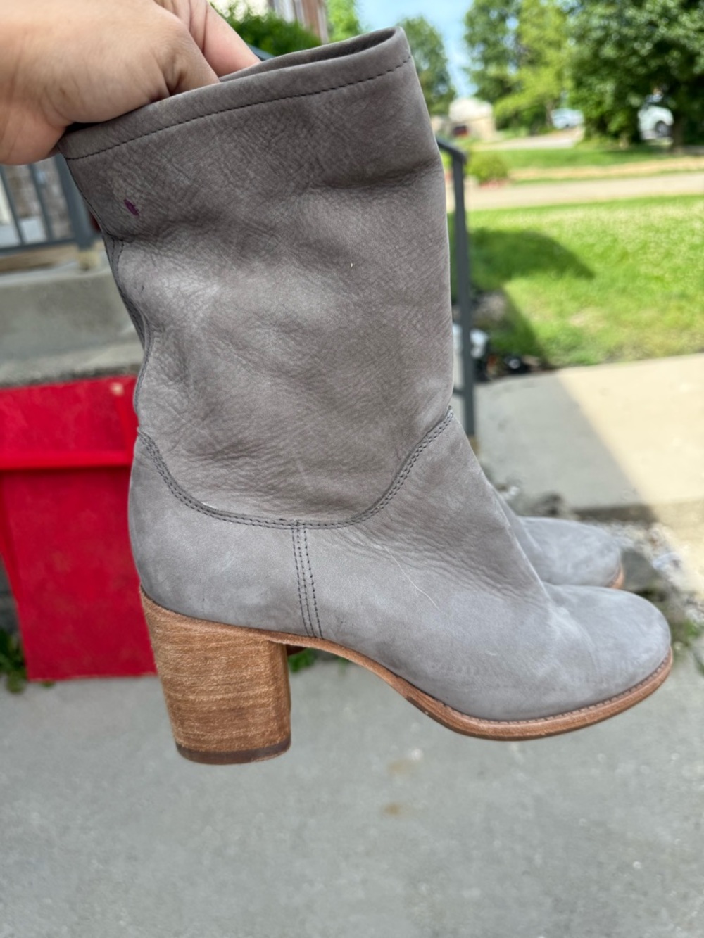 Frye Gray Leather Mid-Calf Block Heel Boots